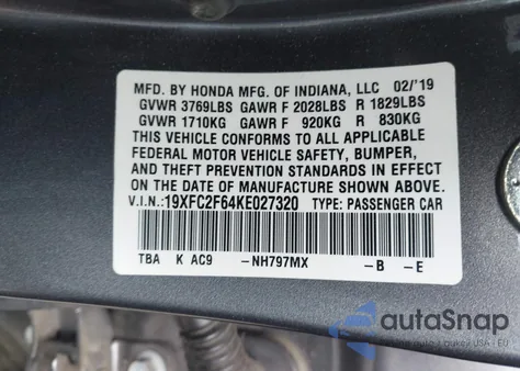 2019 Honda Civic Lx from USA, damaged, VIN 19XFC2F64KE027320